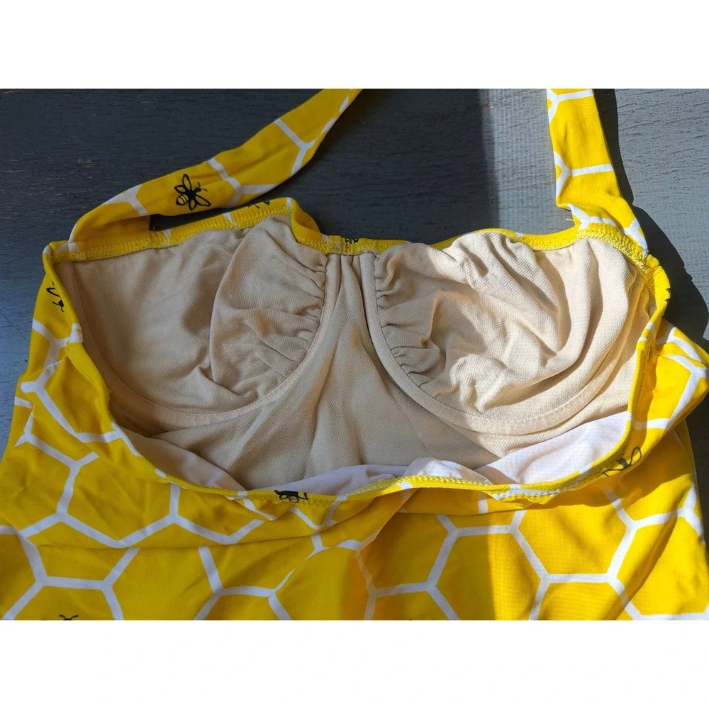 Betty Page Yellow Honeycomb Bee Print One Piece Swimsuit Underwire Yellow 14